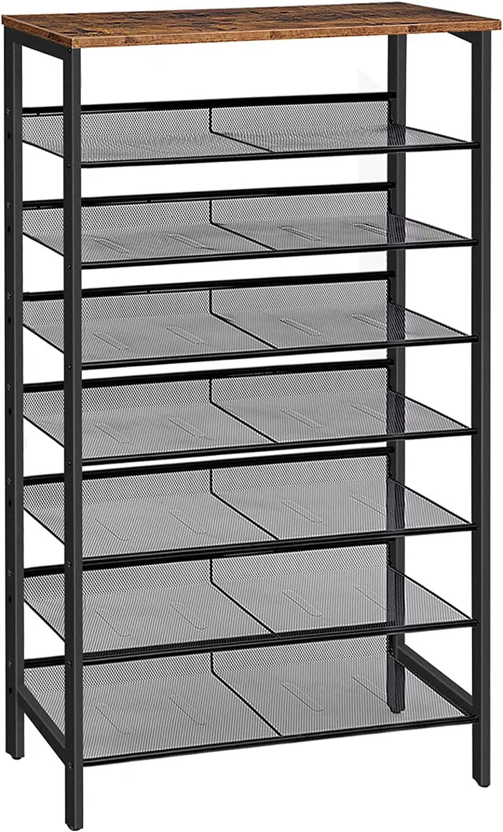 Large shoe rack - high shoe cabinet - 8-tier shoe rack - tiltable mesh shelves - metal/wood - for 24-32 pairs of shoes - industrial - brown-black