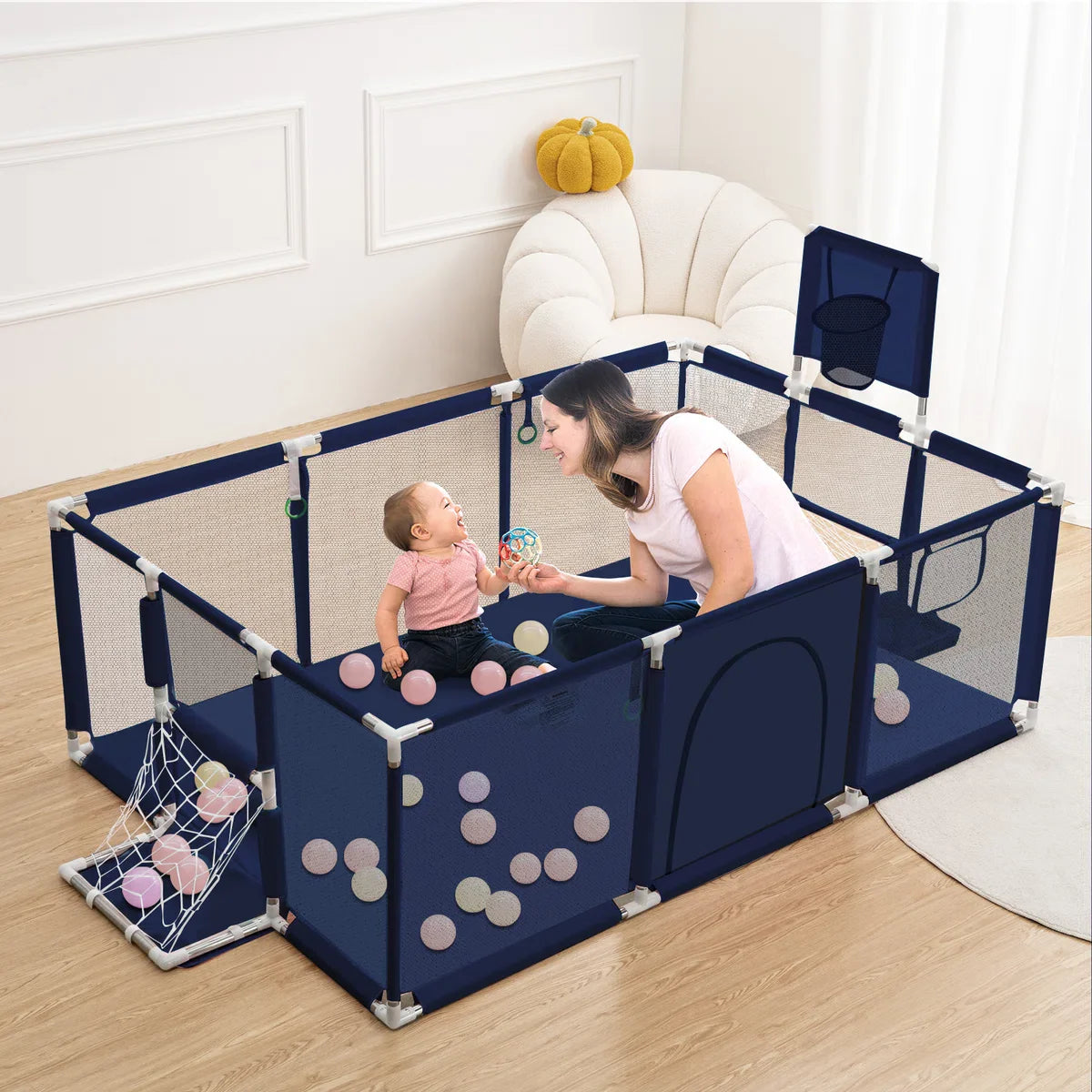 Grondbox - Baby Speelbox - 181x122cm Rechthoekig Groot Formaat Met Basketbalkorf - Blauw
