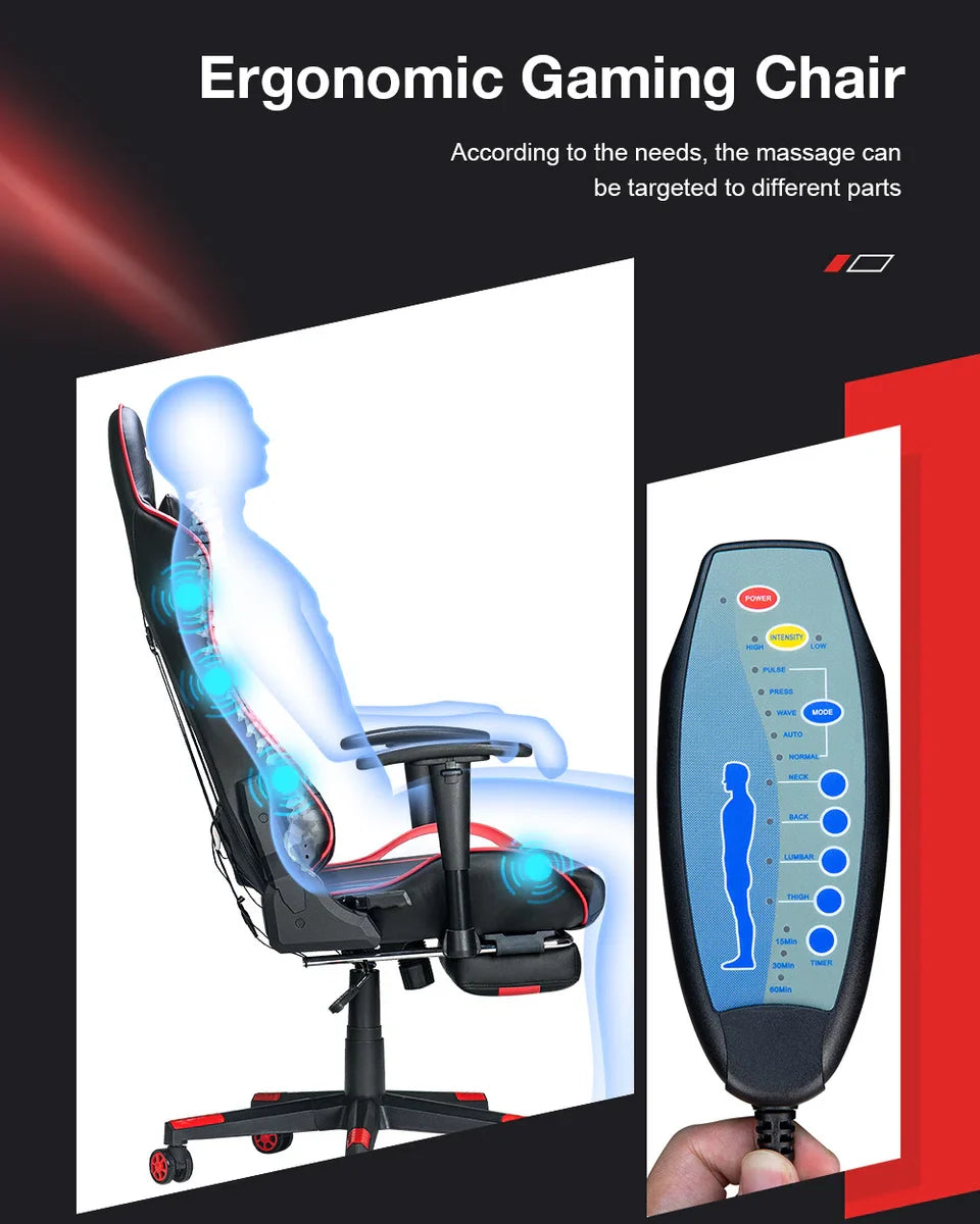 PU Massagestoel met voetenbank - Ergonomische Gamestoel - 175° - Bureaustoel - Rood&Zwart
