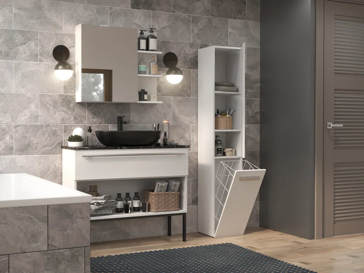 Bathroom furniture - Bathroom cabinet - Storage cabinet with laundry basket - White - Tall cabinet with laundry basket