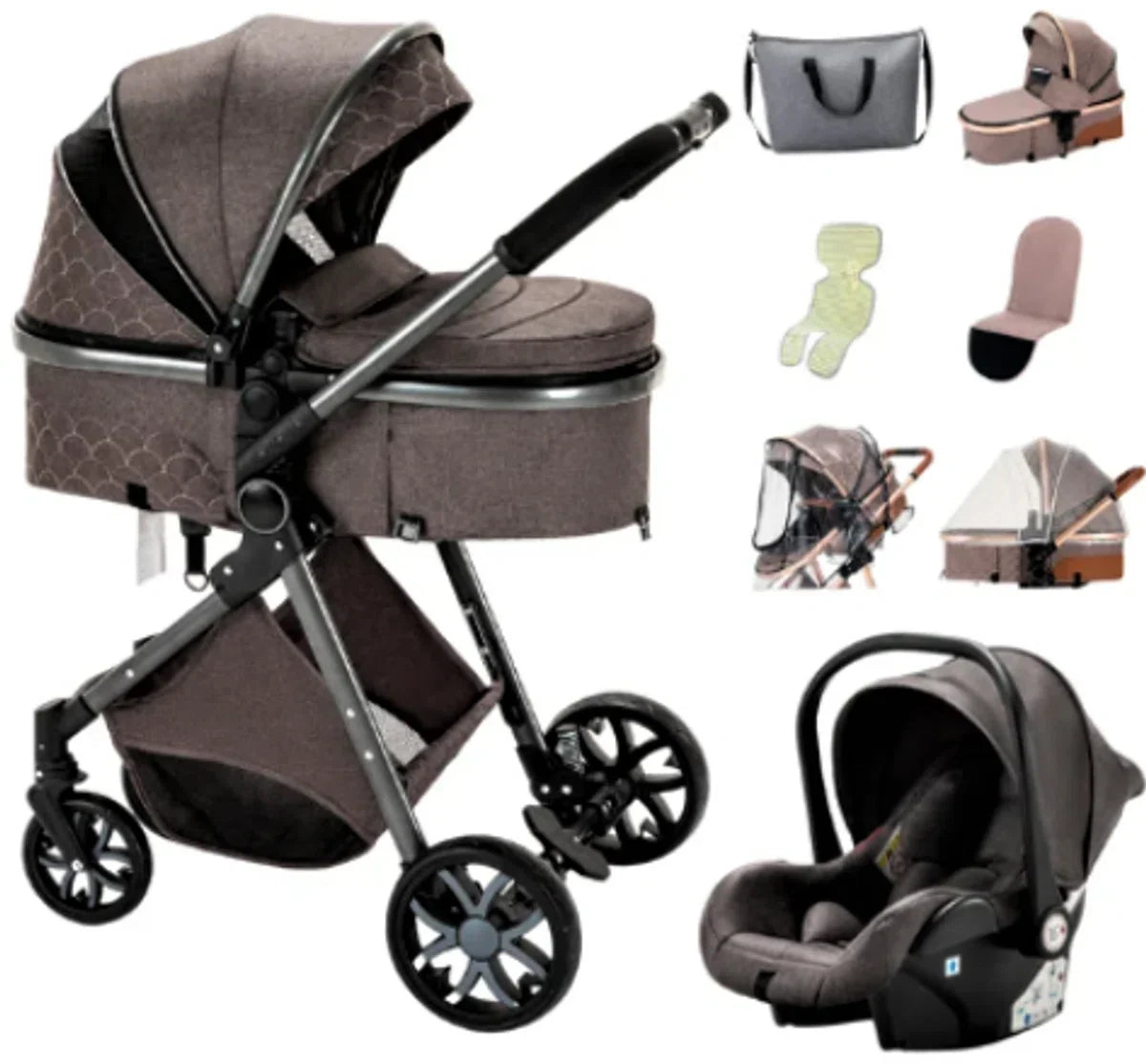 N.lux - Luxe kinderwagen set 3 in 1 - Wandelwagen - Inclusief autostoel - Buggy - Bruin