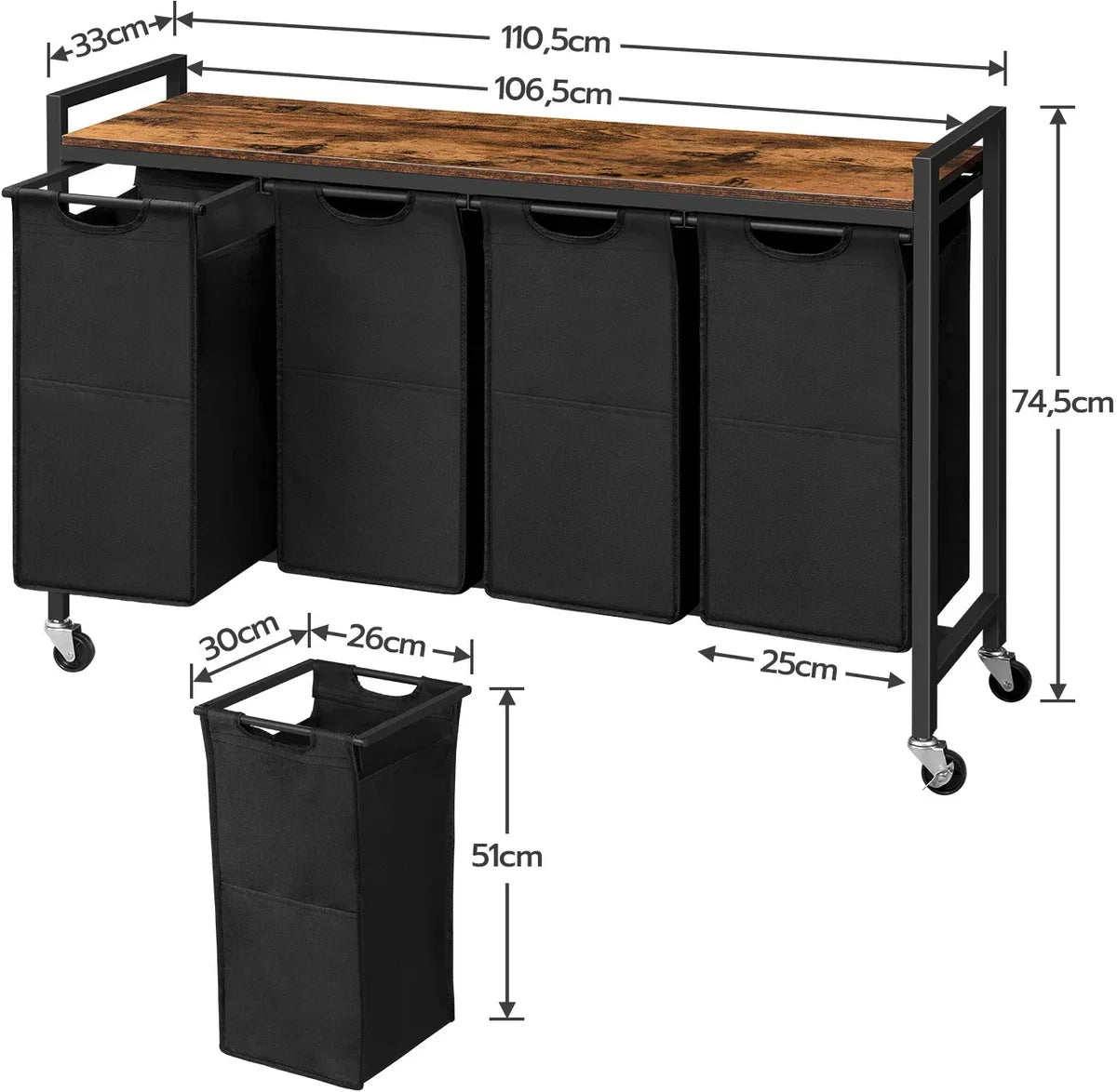 Verrijdbare wasmand - 4 vakken - Wassorteerder - Zwart - Houten blad - Nette hippe wasmand - 10,5x33x74,5 cm