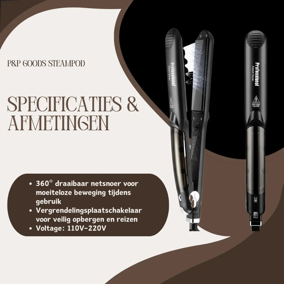 P&P Goods® Steampod - Stijltang - Haarverzorging - Stoomstijltang - Met LED Verlichting - Krultang - Zwart