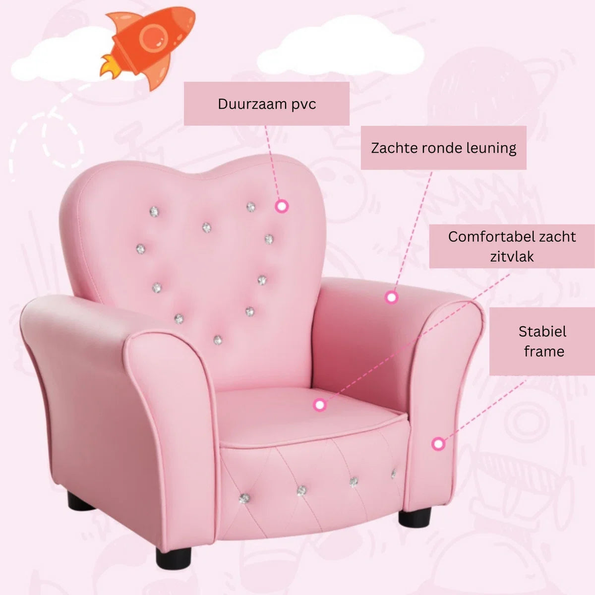 Kinderstoel - Kinderzetel - Kindersofa - Kinderbankje - Roze - L59 x B41,5 x H49 cm