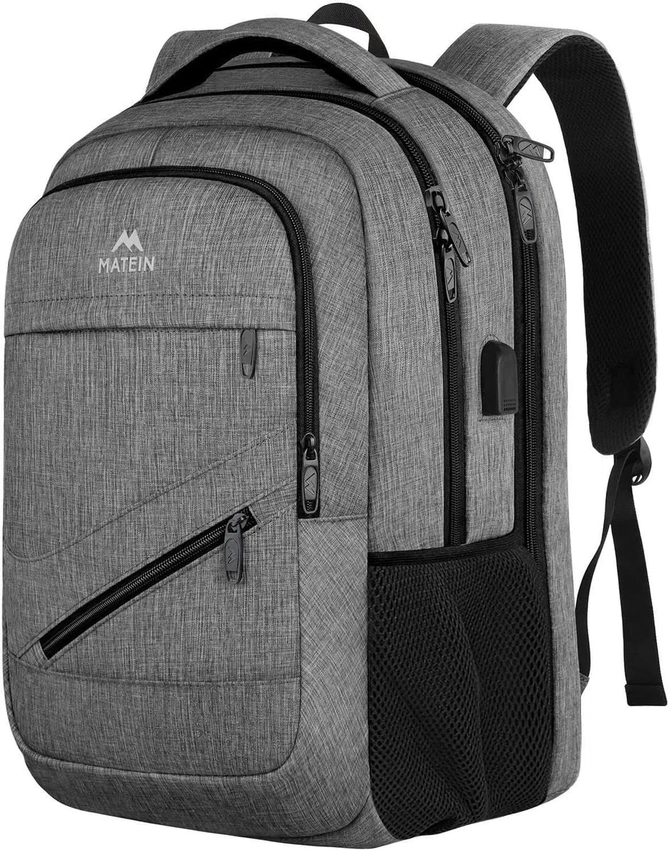 Travel Laptop Rugzak, TSA Grote Reistas voor Vrouwen Mannen, 17 Inch Zakelijke Vlucht Goedgekeurd Carry On Rugzak met USB-Lader Poort en Bagagemouw, MATEIN Duurzame College School Boekentas, Grijs