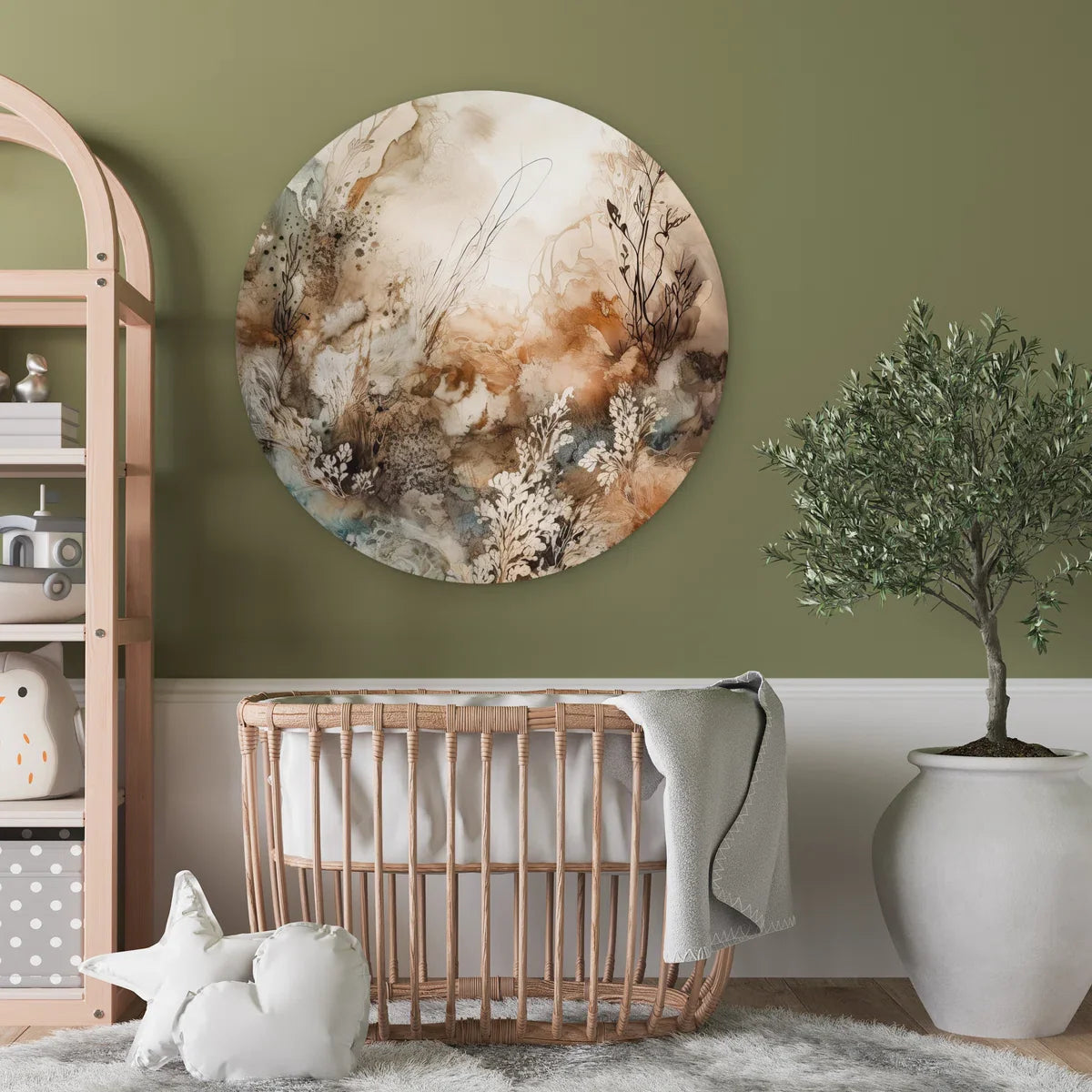 WallCircle® Wandcirkel 90x90 cm - Muurcirkel Abstract - Beige - Verf - Kunst - Natuur - Bloemen - Planten - Muurdecoratie cirkel woonkamer - Wanddecoratie slaapkamer - Kamer decoratie accessoires - Ronde schilderijen - Woonaccessoires