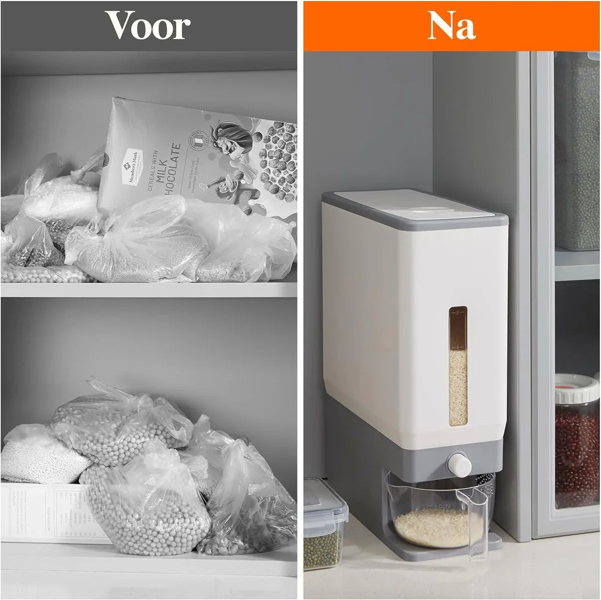 Rijst Dispenser 11.5 kg - Opslag Containers Vochtbestendige Emmer - Maatbeker Graan Meel Soja - Keuken Voorraadkast Huishouden BPA-Vrij rijstdoseerder