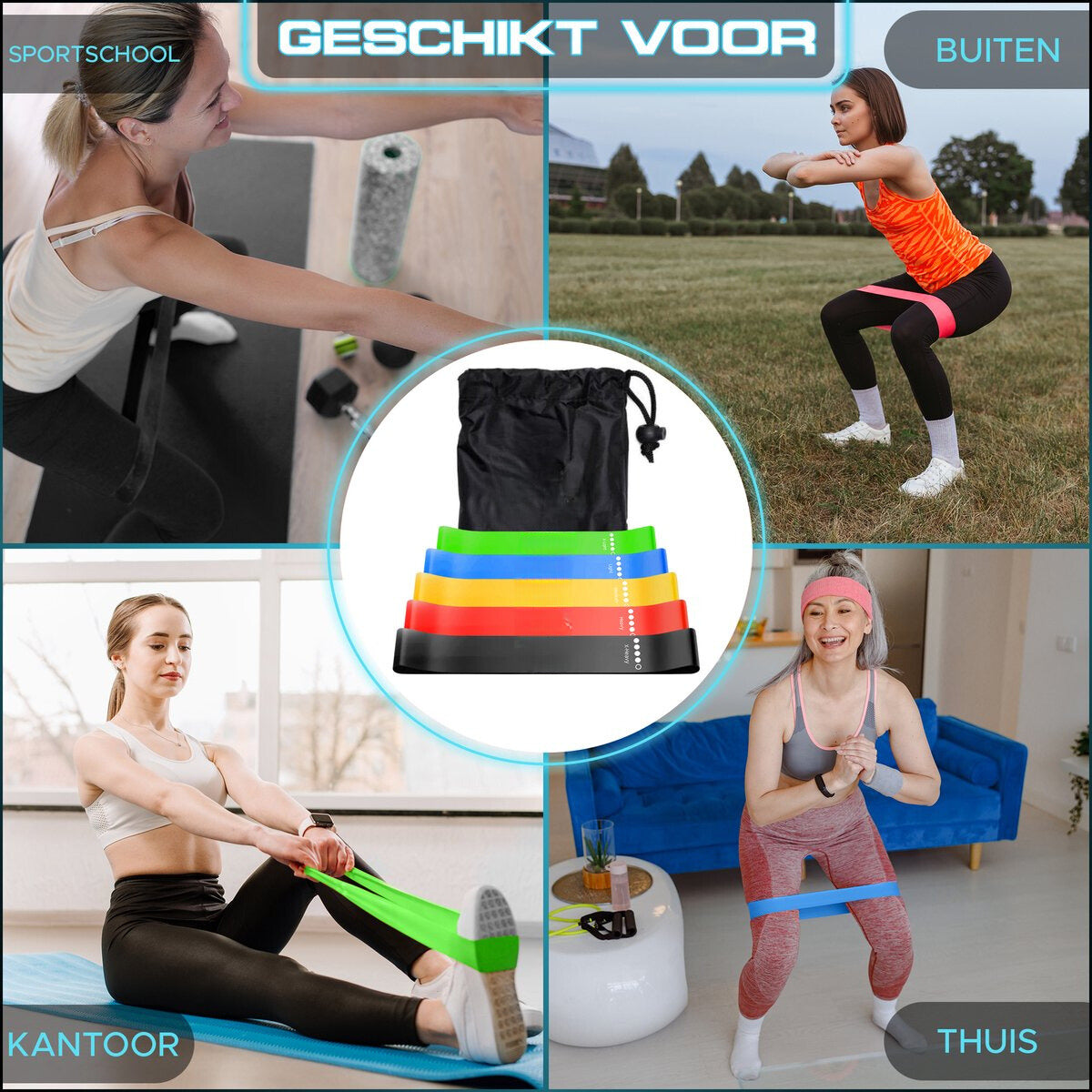 Sanbo Weerstandsbanden - set van 5 stuks - Extra sterk tot 18kg - 5 Kleuren - Incl. Opbergzakje - Resistance band set - Fitness Elastiek