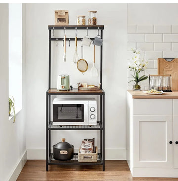 VASAGLE KKS021B01 Keukenplank met planken, magnetronplank met 12 haken en metalen frame, industrieel ontwerp, voor magnetron, kookgerei, 60 x 40 x 151,5 cm, vintage bruin/zwart