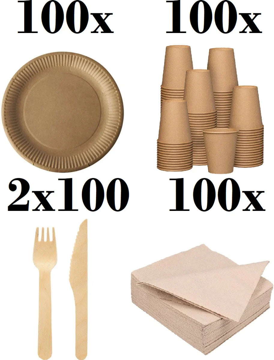 500 pieces x Wooden disposable cutlery set eco/environmentally conscious - 100 cardboard plates 23cm + 100 cardboard cups 240ml + 100 forks 16cm + 100 knives 16cm + 100 organic napkins 33x33cm
