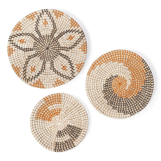 Wanddecoratie - 3-delige set handgemaakte manden voor wanddecoratie - wanddecoratie woonkamer slaapkamer keuken hal balkon tuin buiten - decoratie boho houten rotan 3d modern - muurdecoratie