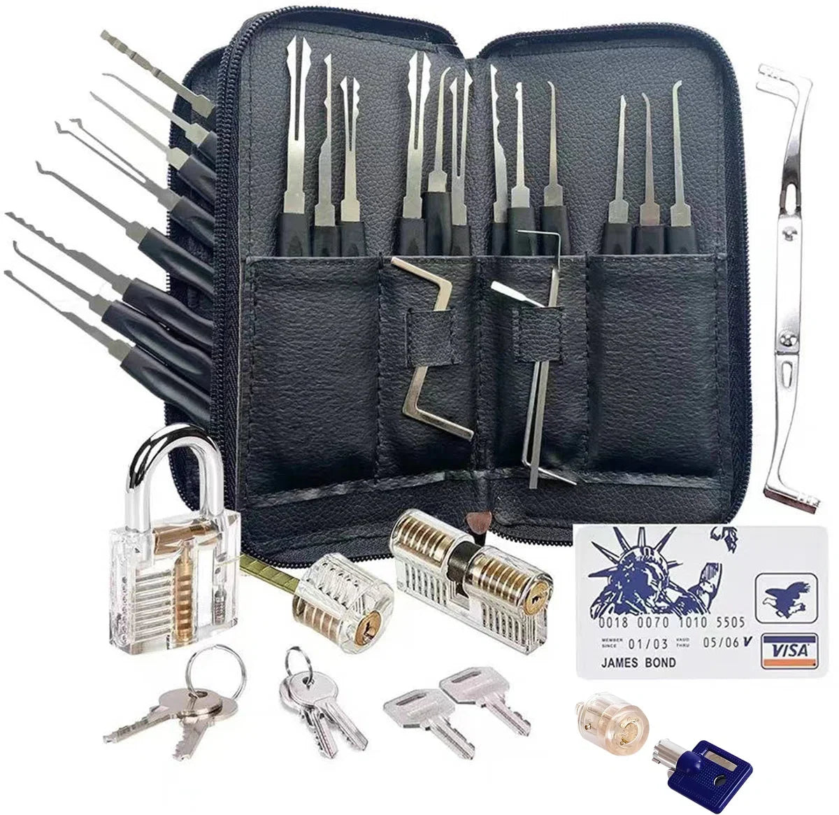 Lockpick set 46 stuks - Meest uitgebreid - Voor beginners en gevorderden - Survivalset - Incl. 4 doorzichtige sloten + 3 bonus levels - Handleiding