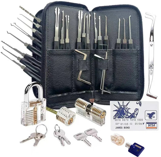 Lockpick set 46 stuks - Meest uitgebreid - Voor beginners en gevorderden - Survivalset - Incl. 4 doorzichtige sloten + 3 bonus levels - Handleiding