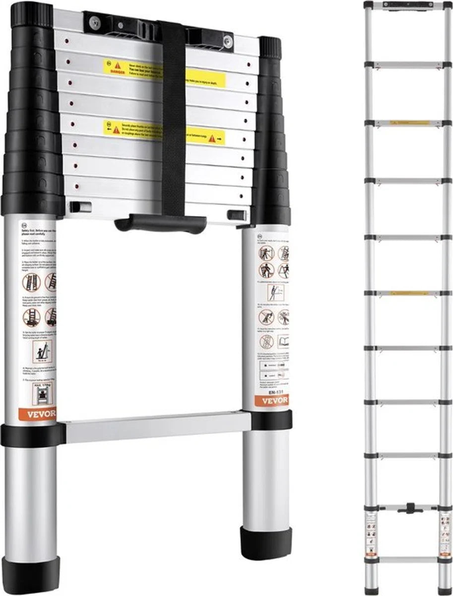 Opvouwbare Telescopische Ladder draagvermogen 170kg - Telescopische Opvouwladder 3.2m - Telescopische Ladders - Soft Close - Werkhoogte 3,8 m - Soft Close - Aluminium - Opvouwbare Trap - Opvouwbare Ladder - Steigerladder