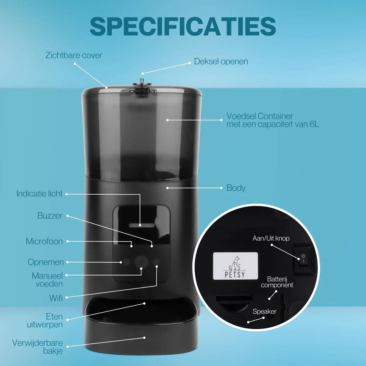 Automatic Pet Feeder Cat and Dog - Food Dispenser with smartphone control - Food Dispenser - Food capacity 6 Liters