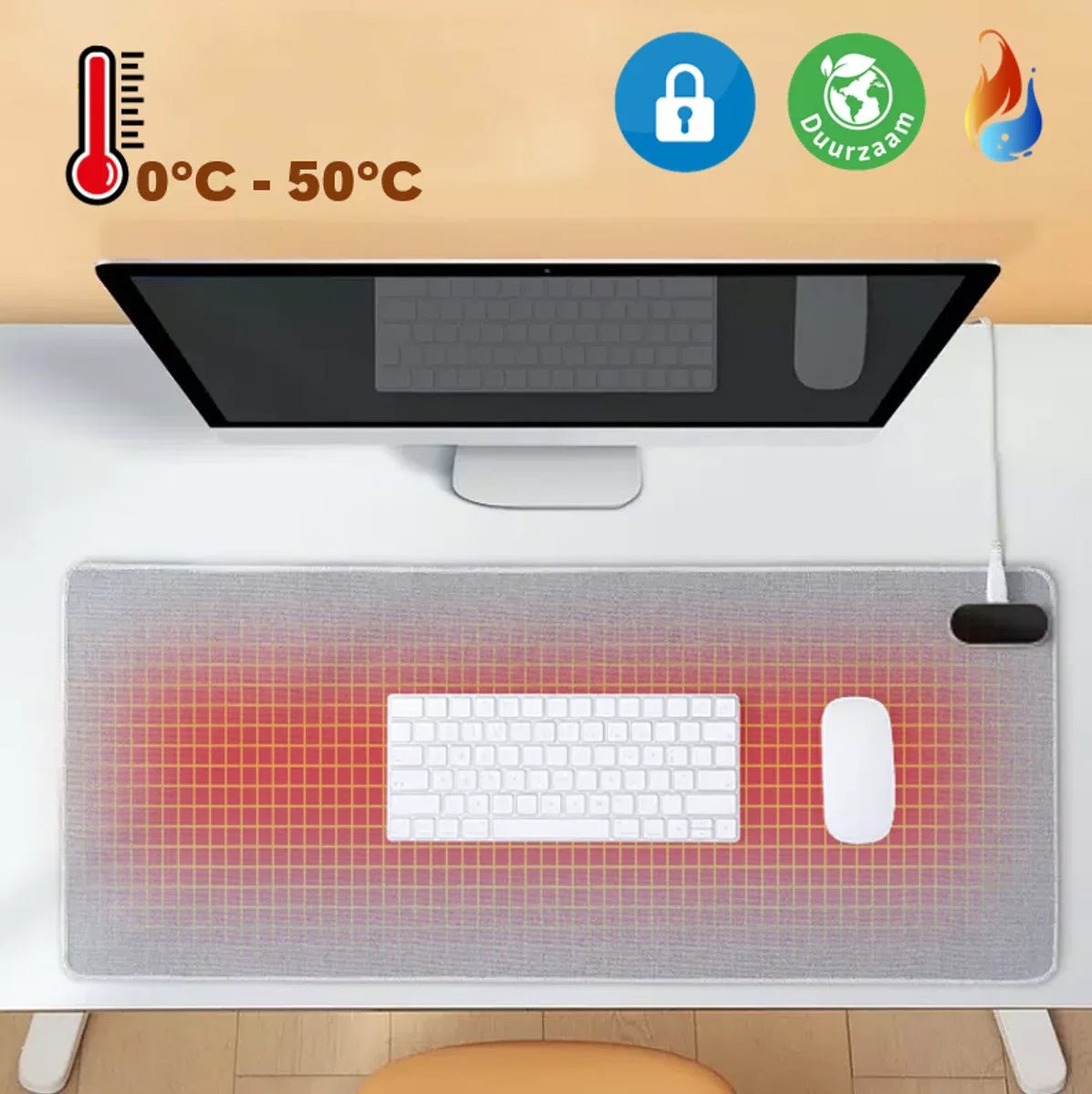 Heated infrared desk pad grey cotton / mouse pad / desk heater / heating mat / desk mat - 80x33cm - touchpad with adjustable temperatures - warm hands and feet