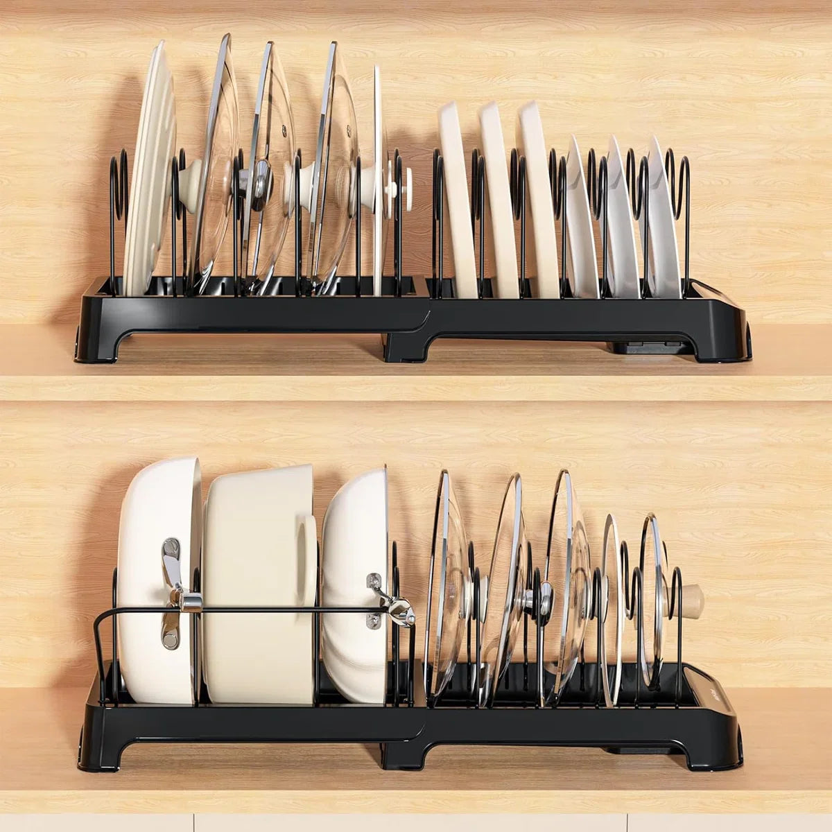 Expandable Cutting Board Racks Pot Lids Holders Pans Organizers Racks Bakeware Dishes Plates Storage Stand 12 Adjustable Compartments Kitchen Countertop Pantry Cabinet Under Sink, Black