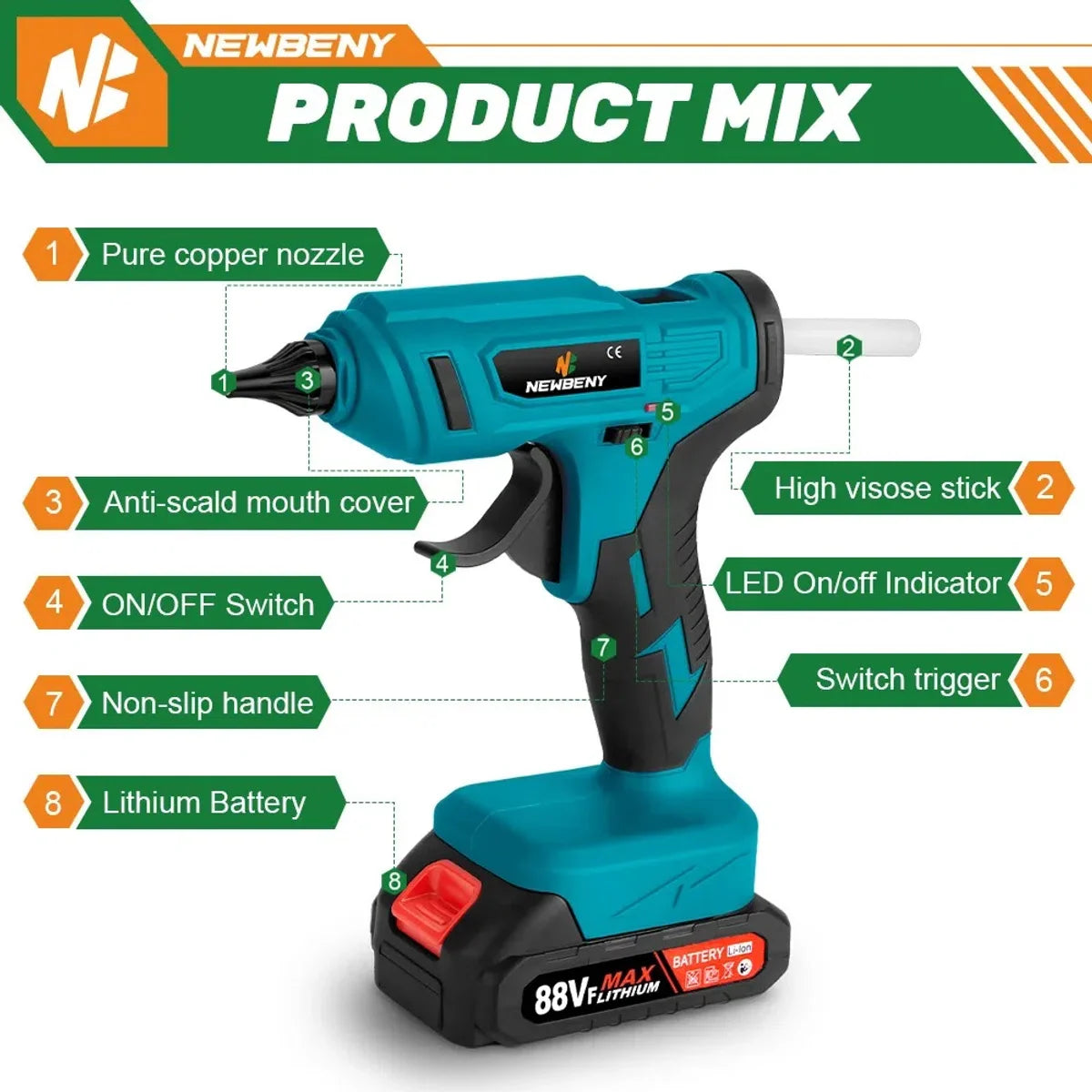 Cordless Glue Gun - Cordless - Includes 2 Batteries - Free 10 Glue Sticks - Suitable for Makita B series Power Tool Batteries 18V - 100WATT - Heats Up To 280 Degrees - 11mm Diameter - Blue