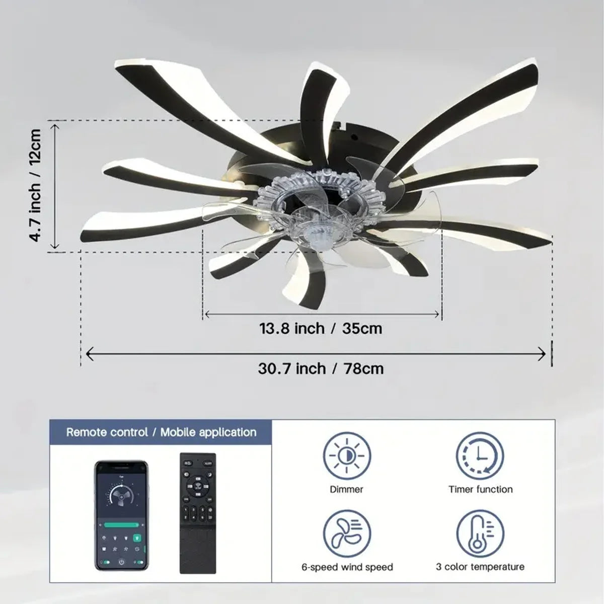 LuxiLamps - 5 Vleugel Ventilator Lamp - Dimbaar Met Afstandsbediening - Zwart - Plafondventilator Met LED - Woonkamerlamp - Moderne lamp - Plafonniere