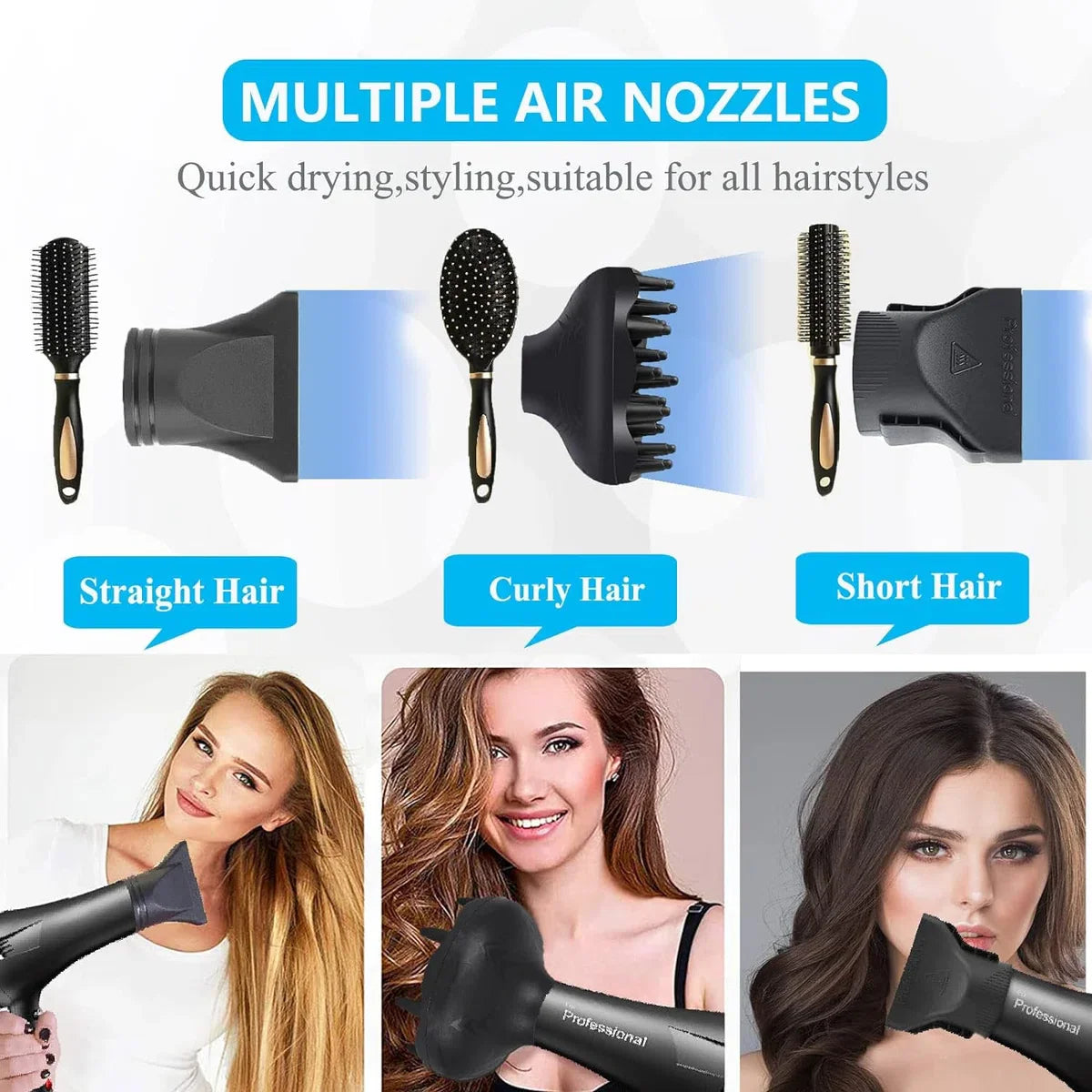 Professional Hair Dryer with AC Motor - Incl. 3 Hair Brushes & 2 Nozzles - Hair Dryer with Diffuser - Quick Drying - 2400W