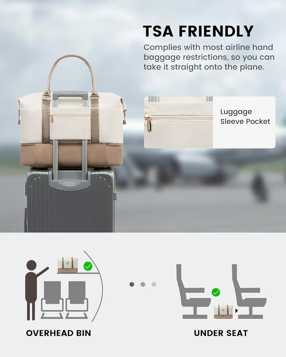 Women's Travel Bag 2 Piece - Beige/Brown - Large Weekend Bag with Toiletry Bag - Carry-on Bag, Sports Bag, Shoulder Bag - 46 x 22 x 41 cm - Handbag with Shoulder Strap - Gold Details - Water Resistant - Shoe Compartment - 2-Piece Travel Set