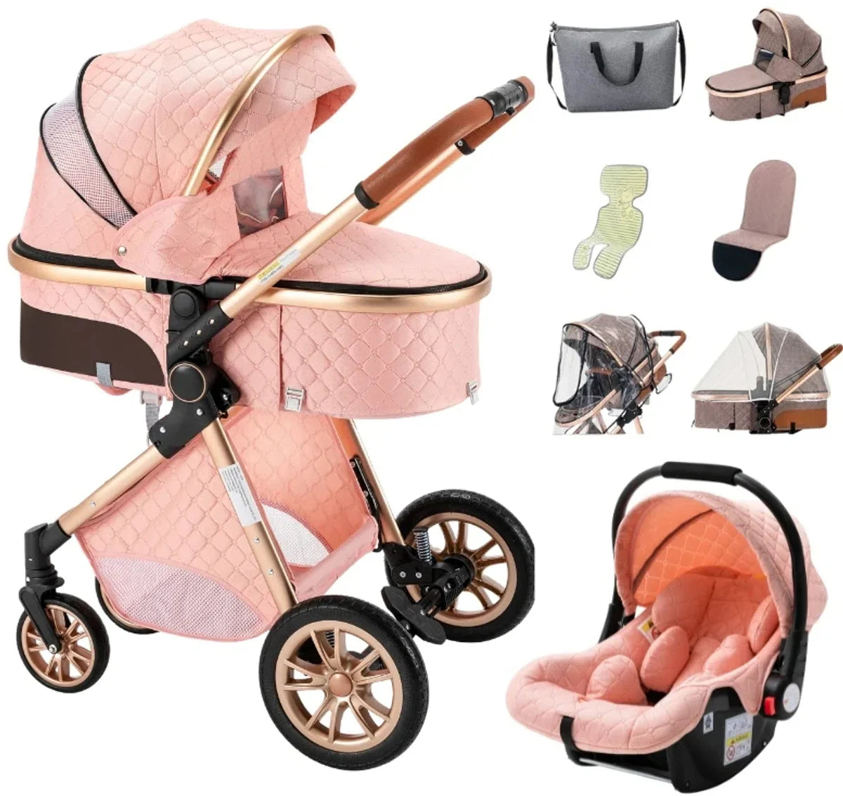 Luxe 2-in-1 Kinderwagen - Wandelwagen - Autostoeltje - Buggy - Opvouwbaar - Roze - 0-36 Maanden