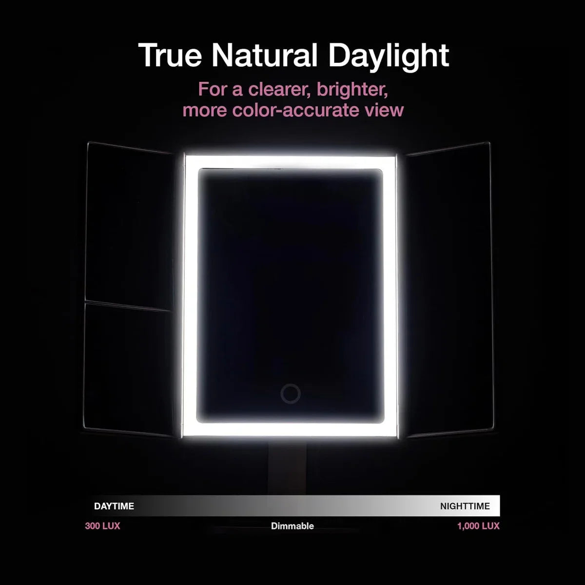 Make-up Spiegel met Natuurlijke LED Licht en 5x & 7x Vergroting - Driedelige Make-up Mirror met dimbare Verlichting Touch Screen Stand - Sora (Zwart)