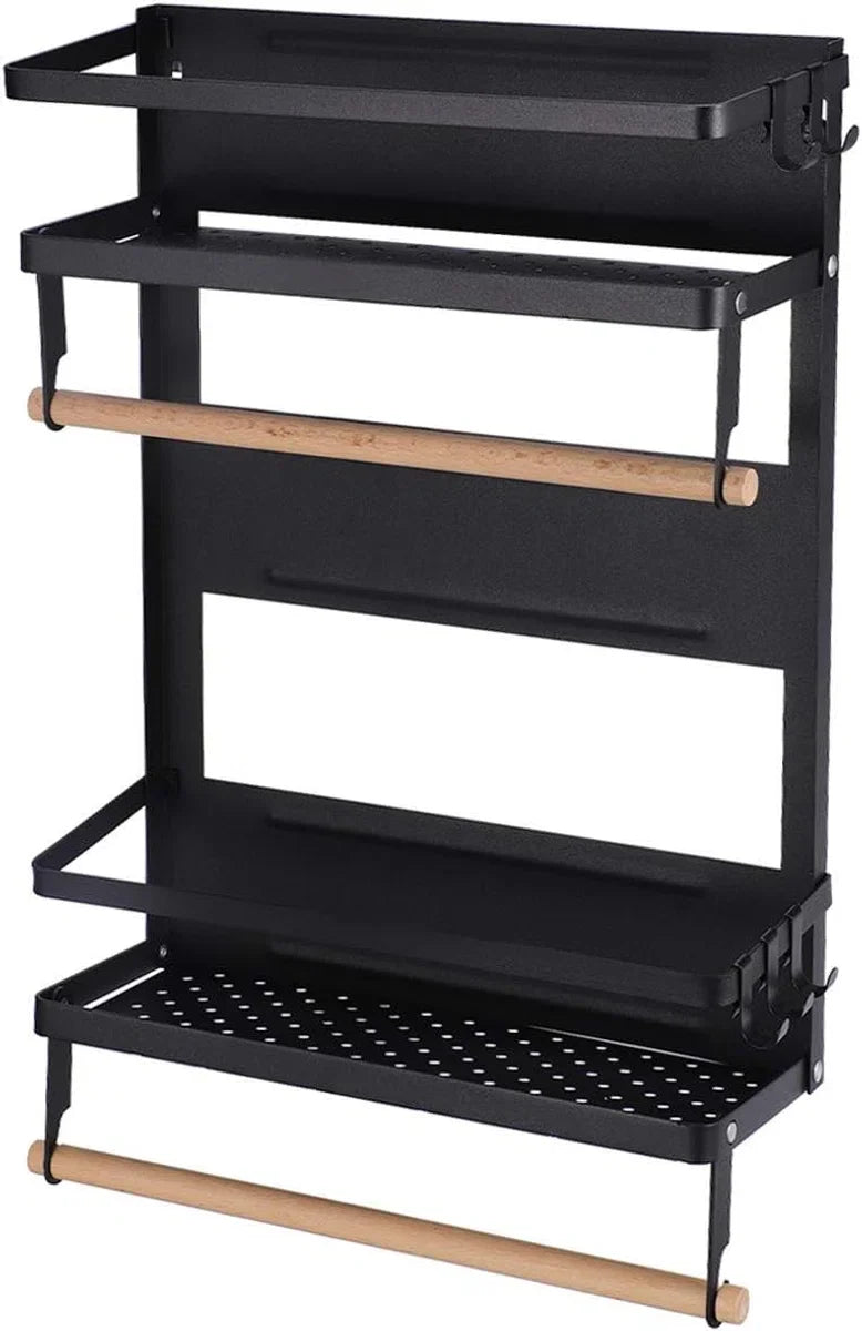 Magnetic Spice Rack Kitchen Shelf Hanging Spice Holder No Drilling Refrigerator Shelf Kitchen Spice Racks with Paper Towel Holder 2 Tiers Matte Black