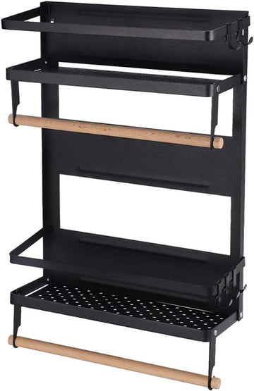 Kruidenrek Magneet Keukenplank Opknoping Kruidenhouder Zonder Boren Koelkast Plank Keuken Kruidenrekken met Keukenrolhouder 2 Niveaus Mat Zwart