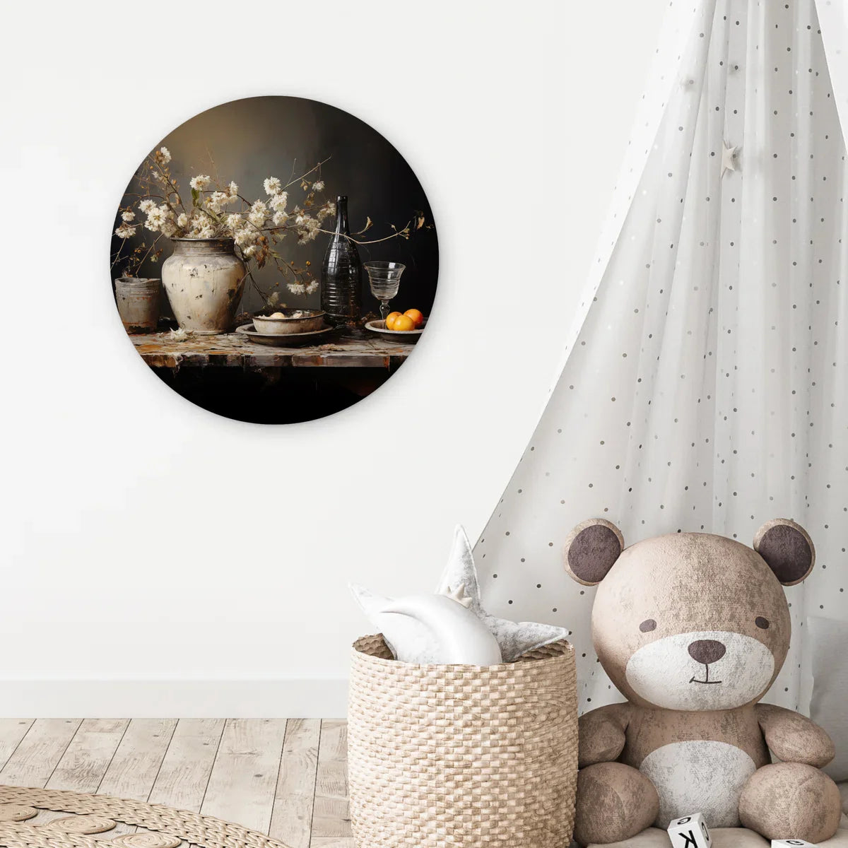 WallCircle® Wandcirkel 60x60 cm - Muurcirkel Stilleven - Bloemen - Boeket - Vaas - Wijn - Kunst - Muurdecoratie woonkamer - Wanddecoratie slaapkamer - Keuken - Kamer decoratie accessoires - Ronde schilderijen - Woonaccessoires