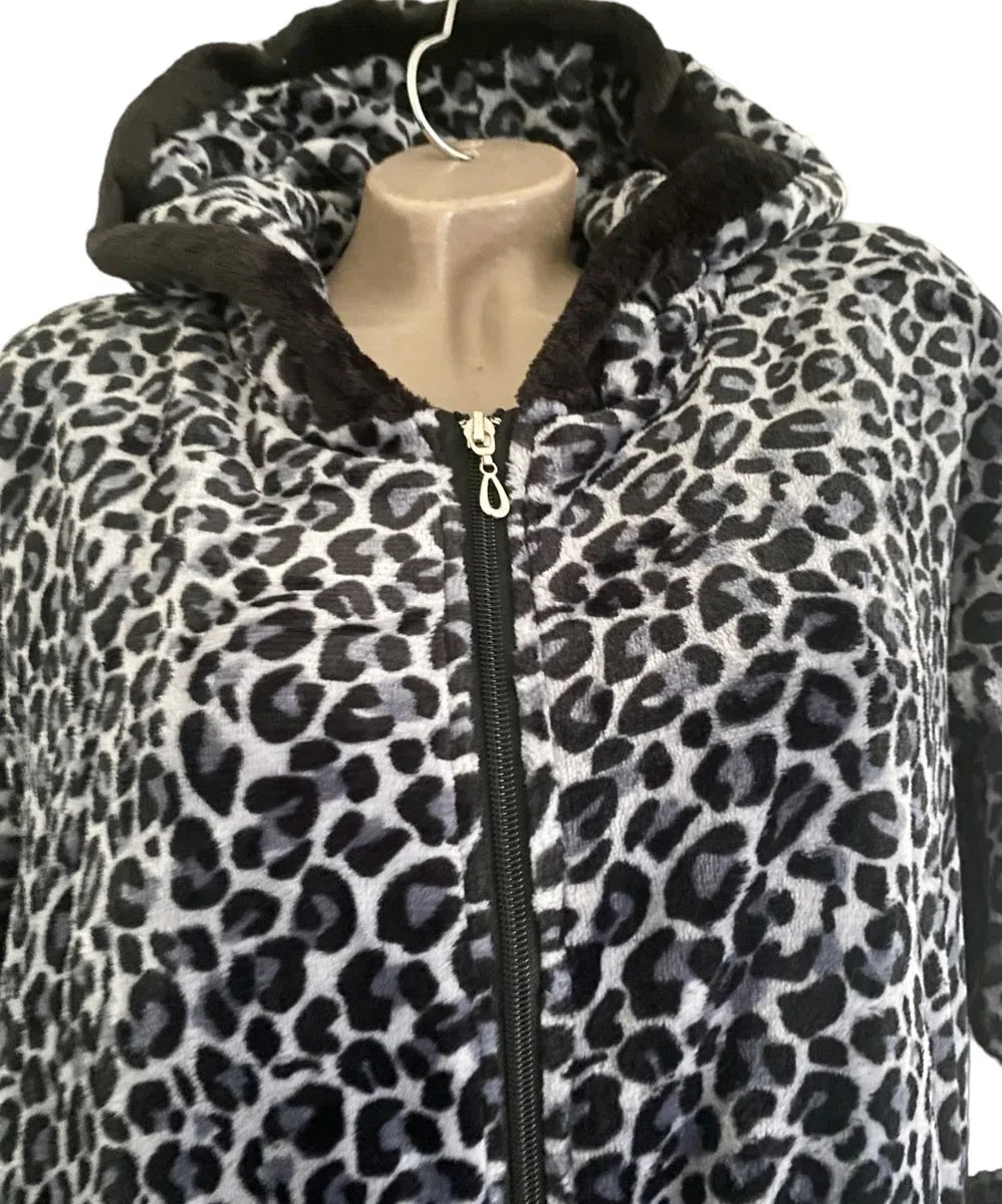 Dames badjas fleece extra lang rits met zakken en capuchon S/M zwart-grijs