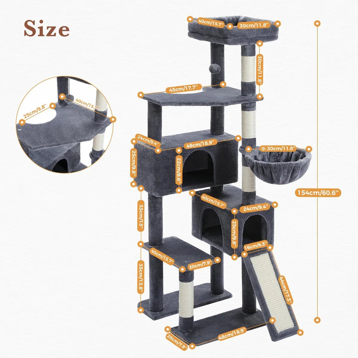 Way Cat Scratching Post, 154 cm Cat Tree with Two Condos, Spacious Perch, Cozy Basket, and Sisal-Covered Scratching Posts for Indoor Cats, Dark Grey.
