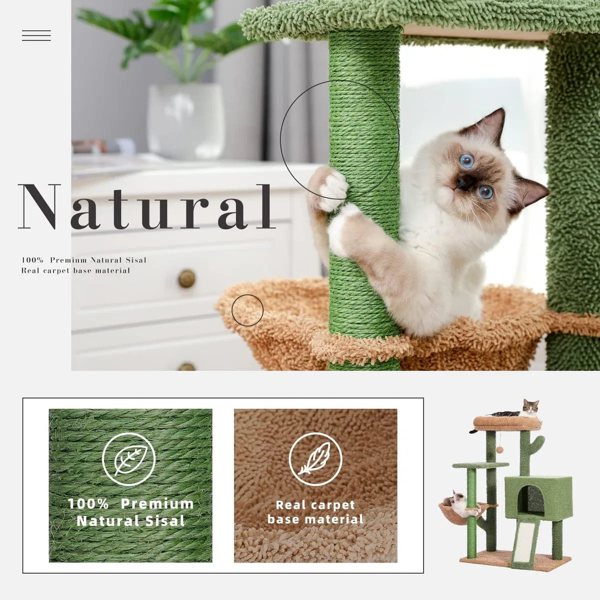 Cat Scratching Post 104 cm Modern Cactus Plush Cat Scratcher for Adult Cats with Larger Cave, Removable Top Bed, Dangling Ball, Sisal Rope, Green.