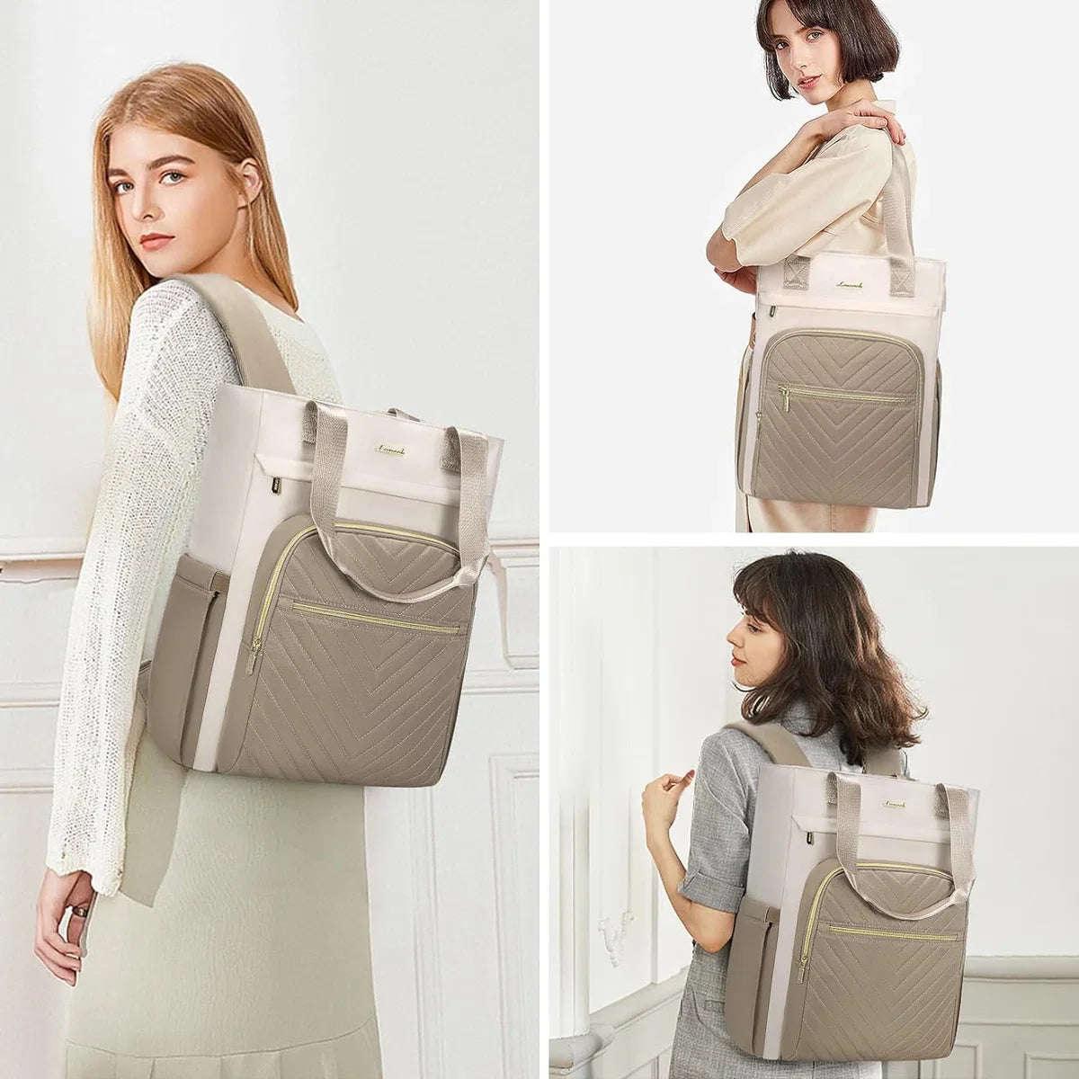 Laptoptas 15,6 inch - Beige/bruin - USB oplaadpoort - Laptop rugzak - 33 x 16 x 41 cm - Waterbestendig - Laptoprugtas 15,6 inch - Antidiefstalvak - Handtas met gouden details