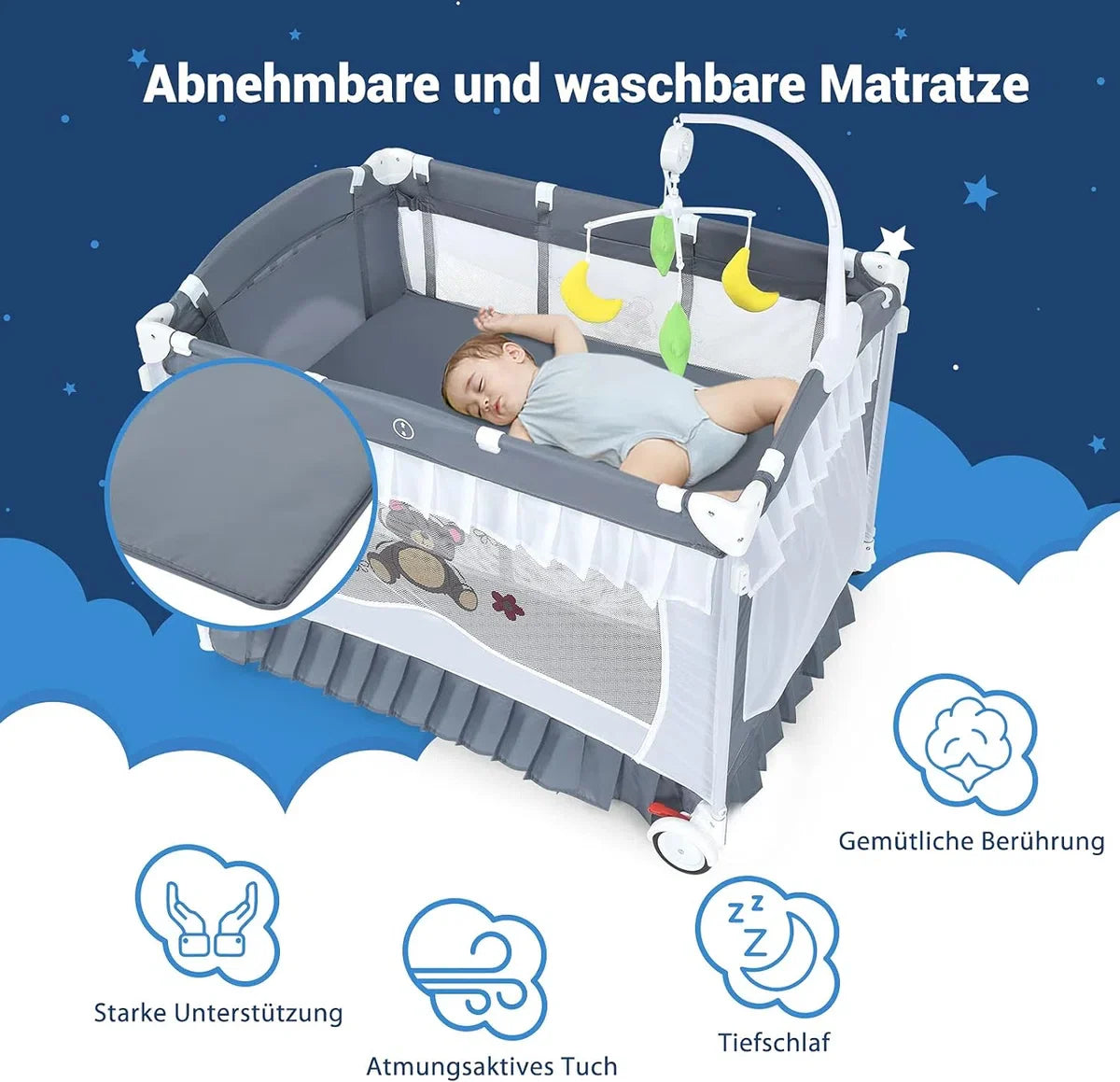 Children's travel cot, foldable, travel cot, collapsible with toys and mosquito net and music, mobile baby cot with carrying bag, cot, folding bed for nursery, travel cot baby (grey)