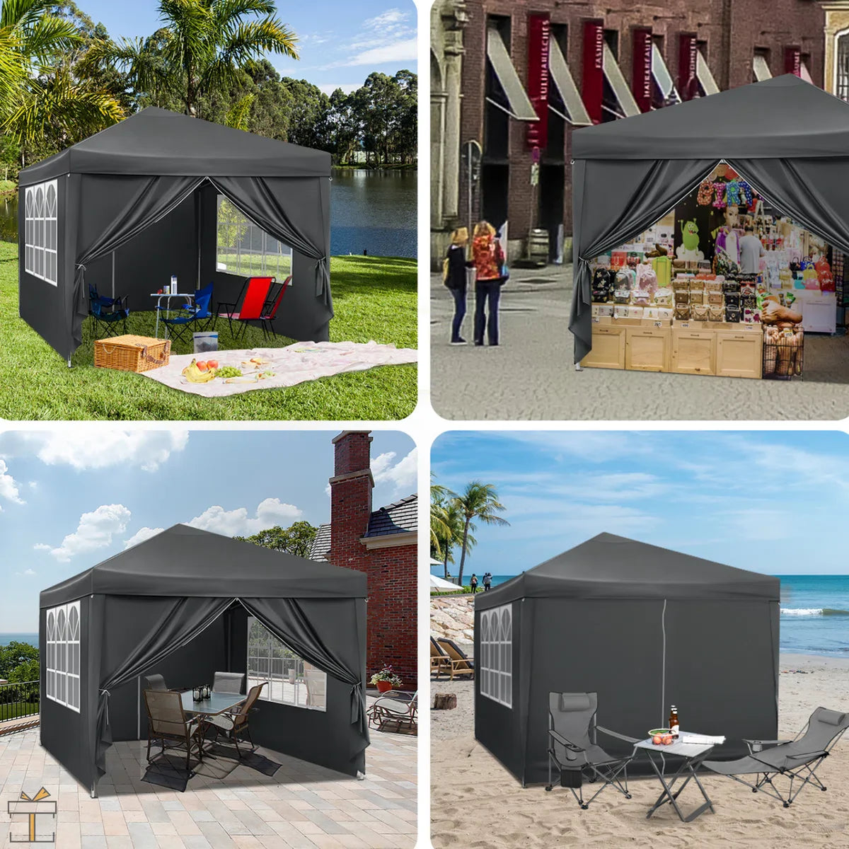 Happyment Partytent met zijwanden - Antraciet - Opvouwbaar - Easy up - Paviljoen - Waterdicht weerbestendig - 3x3 m