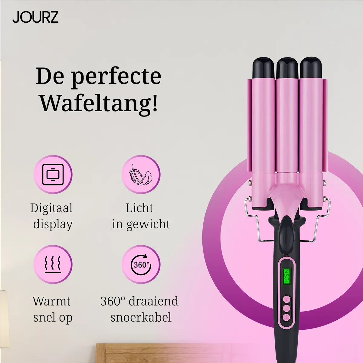 Jourz Wafeltang - 3 Stangen - Krultang Haar - Golvenkrultang - Beach Waves - Wave Krultang - Waver - Hair Curler - Curling Iron - Met Beschermingshandschoen - Zwart/Roze