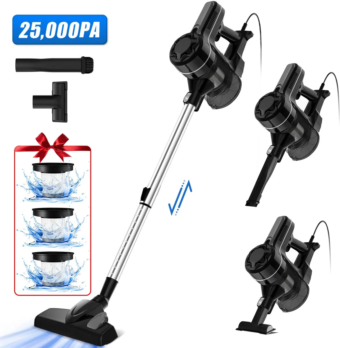 Elekiatech Steelstofzuiger - 25000Pa - 5m Snoer - 600W - 4-in-1 HEPA Filter - 1.3L Capaciteit