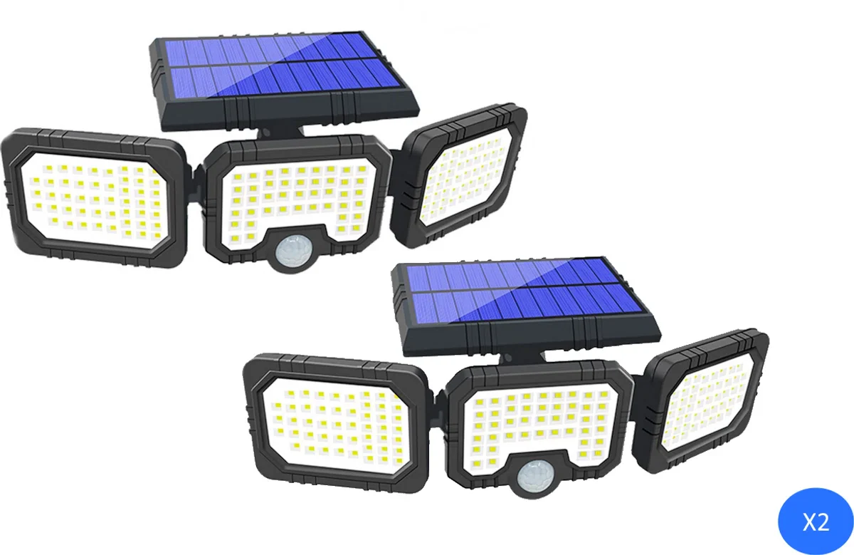 Trio Solar - 2 stuks - LED buitenlamp op zonne-energie met sensor - energiezuinige solarlamp met krachtige oplaadbare batterij - 74 LED's & 600 lumen lichtsterkte - met bewegingsmelder