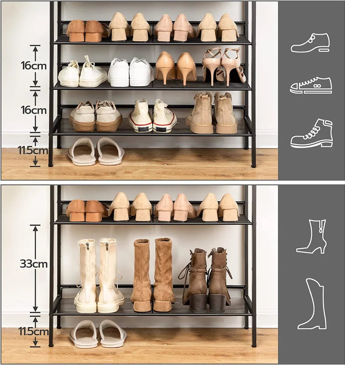 Large shoe rack - high shoe cabinet - 8-tier shoe rack - tiltable mesh shelves - metal/wood - for 24-32 pairs of shoes - industrial - brown-black