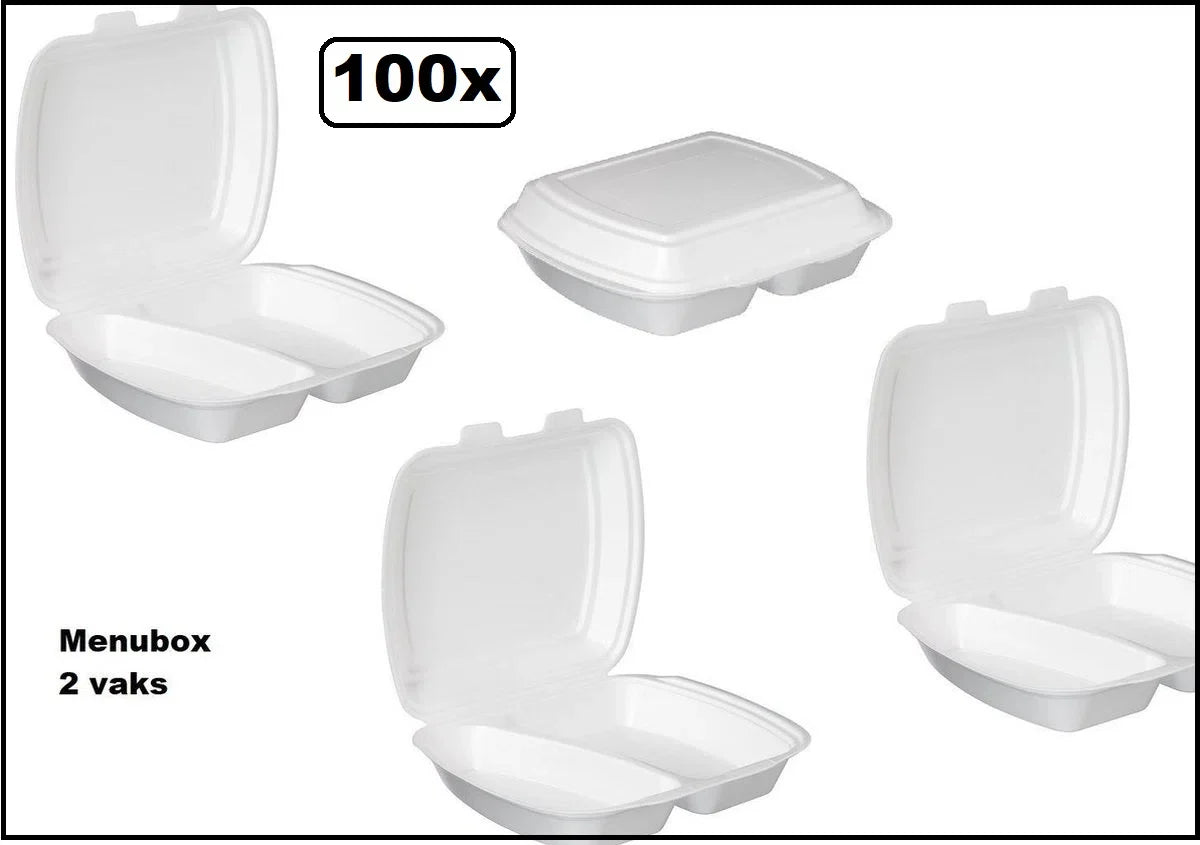 100x Menubox 2-vaks wit - maaltijdbezorging eten food bak vakken maaltijdbox menu afhaal