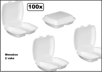 100x Menubox 2 vaks wit - maaltijd bezorging eten food bak vakken maaltijdbox menu afhaal