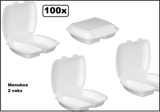 100x Menubox 2-vaks wit - maaltijdbezorging eten food bak vakken maaltijdbox menu afhaal