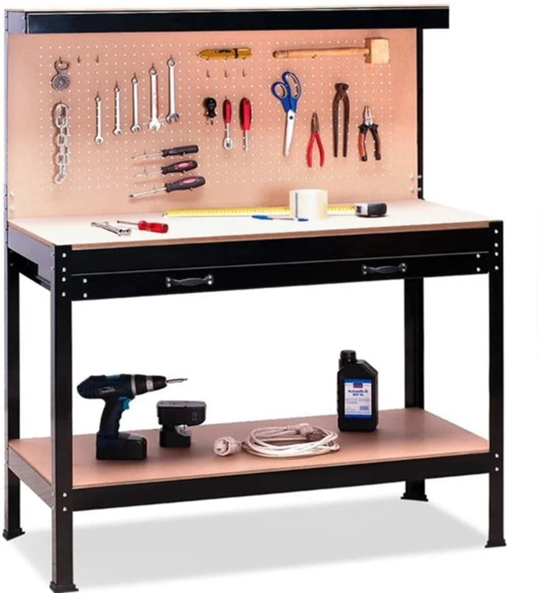 Workbench/Work table - Metal / MDF - Incl. pegboard & drawer