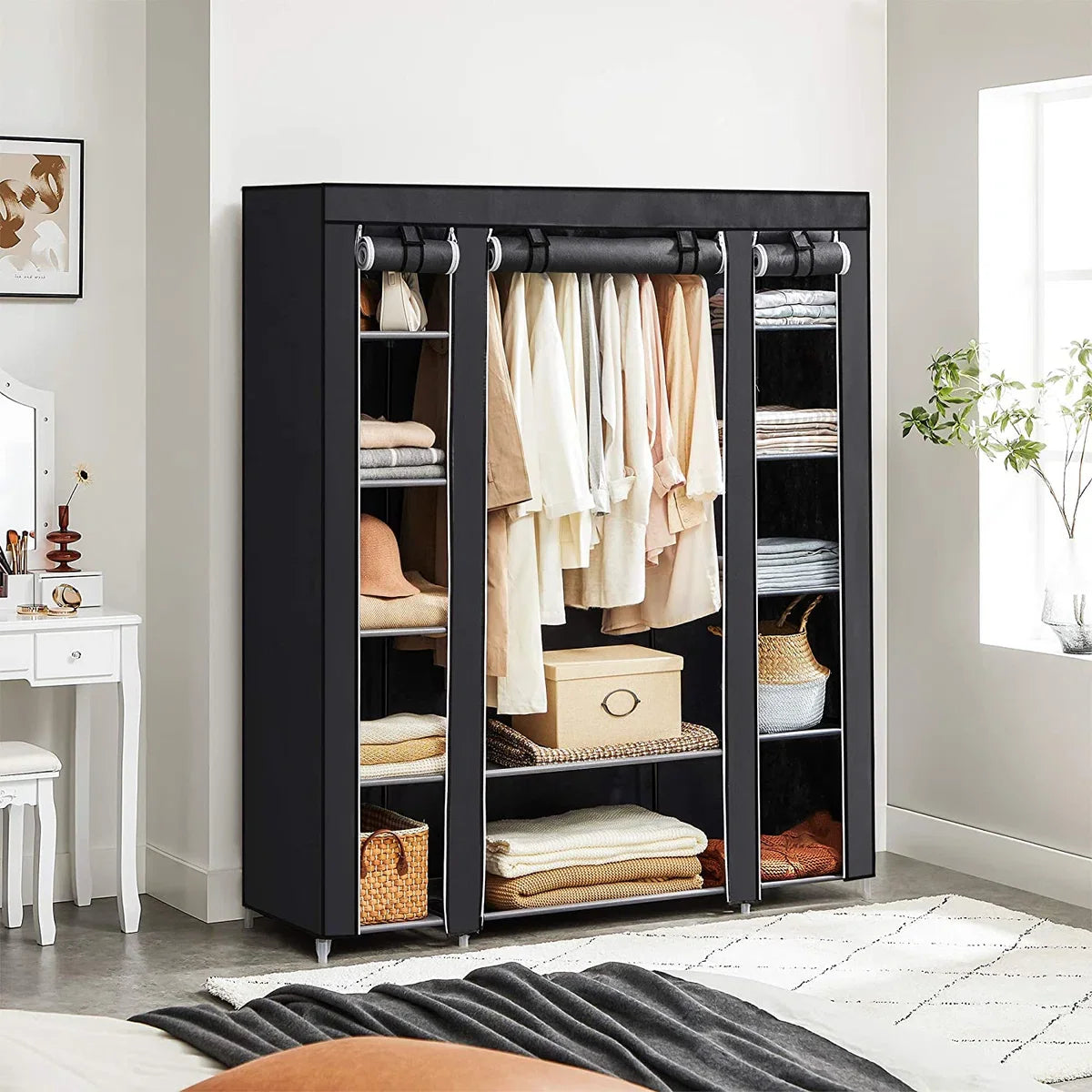 Large XXL wardrobe, fabric wardrobe, folding wardrobe with clothes rail 175 x 150 x 45 cm THREE roll-up doors (black) LSF03H