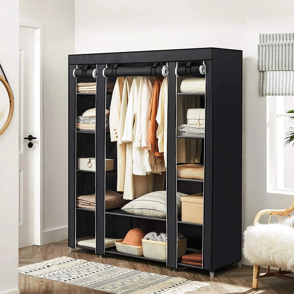 Large XXL wardrobe, fabric wardrobe, folding wardrobe with clothes rail 175 x 150 x 45 cm THREE roll-up doors (black) LSF03H