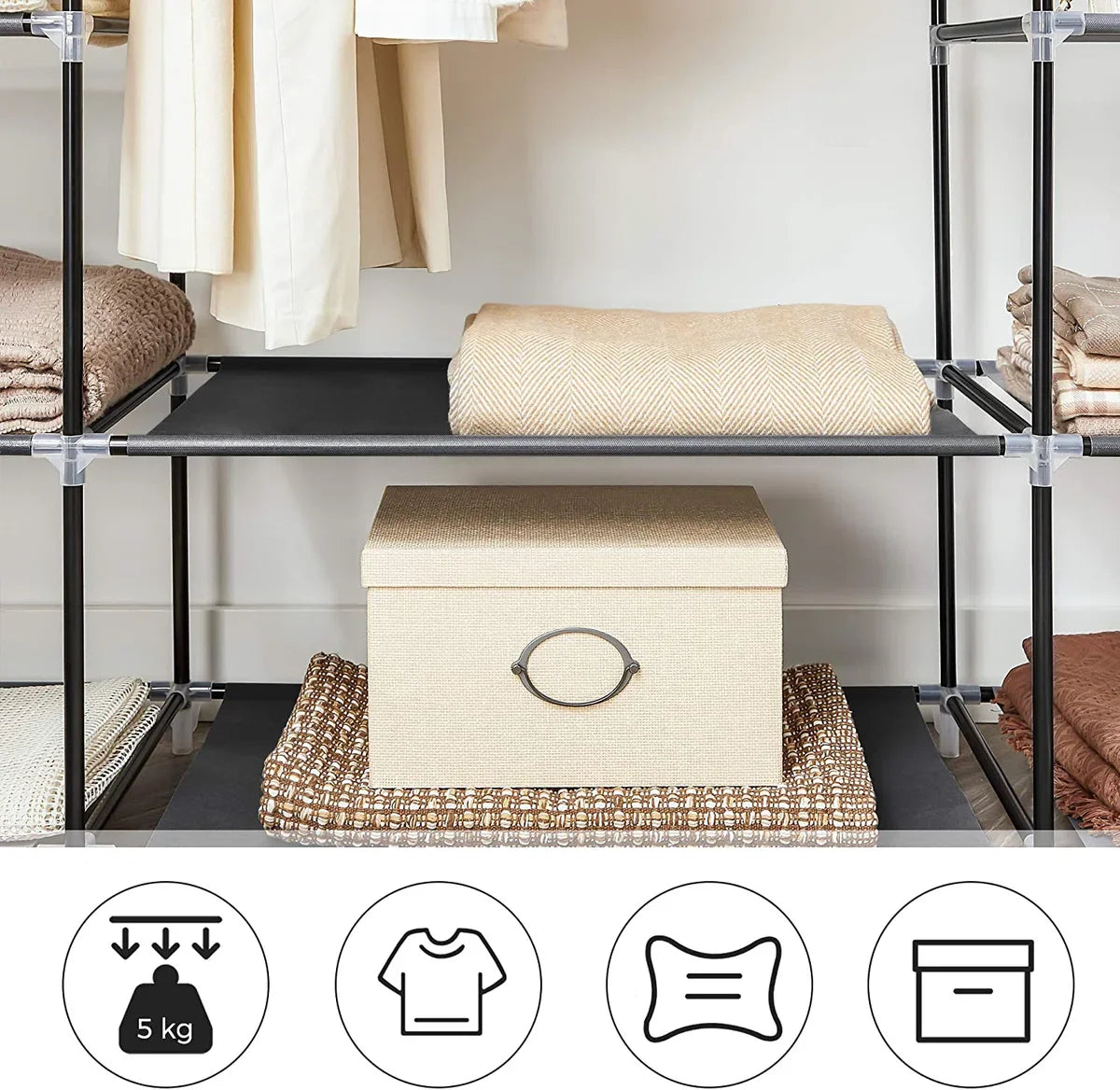 Large XXL wardrobe, fabric wardrobe, folding wardrobe with clothes rail 175 x 150 x 45 cm THREE roll-up doors (black) LSF03H