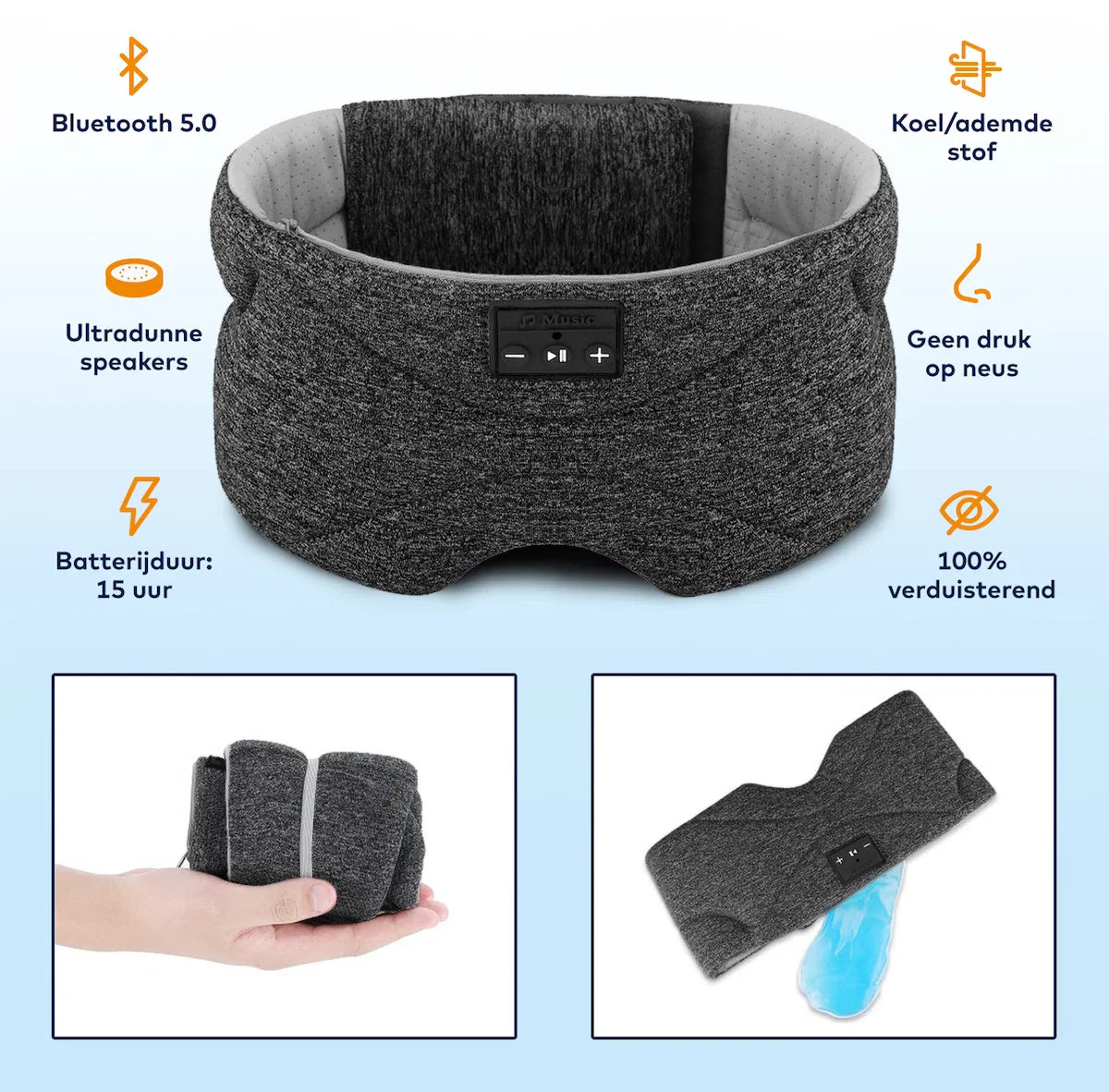 Bluetooth slaapmasker (premium) - Beste keuze - 100% verduisterend - Ultraplatte 'spons speakers' (perfect voor zijslapers) - Koel en ademend materiaal - Volledig verstelbaar - Excellente geluidskwaliteit - Batterij: 13 uur - Antraciet (limited)
