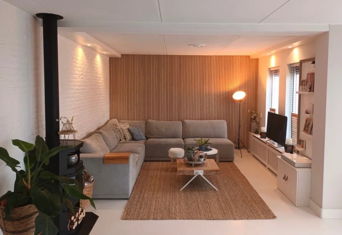Eiken houtfineer Naturel Promo - Akoestisch Houten Wandpaneel - 240 x 60 cm | Echt Hout | Houten latten | Akupanel | Wanddecoratie| 3D Wandpanelen | Muurdecoratie | Lattenwanden | Wood panels | Eikenhoutfineer