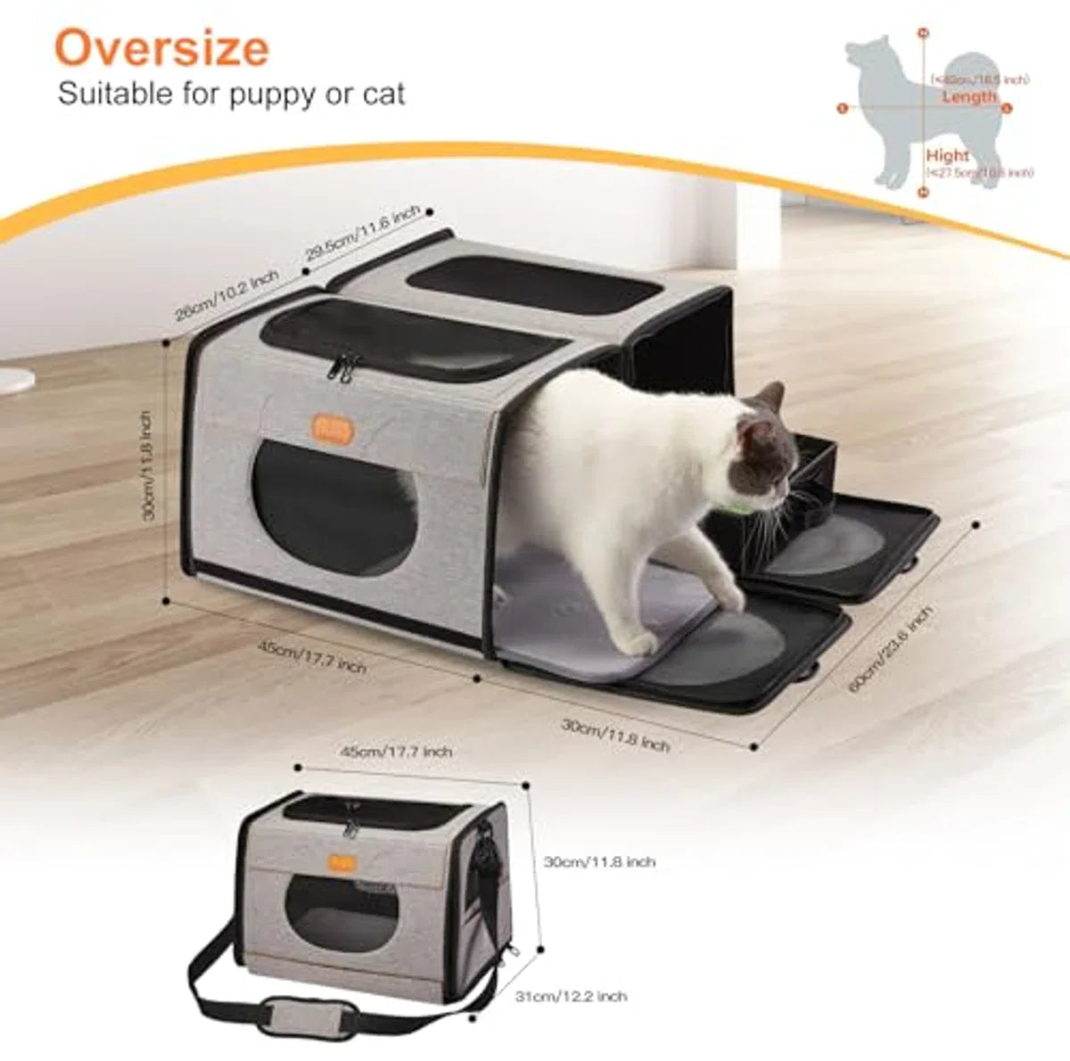 transportbox groot, transportbox kattenreis transport voor katten, opvouwbare kattentransportboxen, kattenmand Eén voor kattenbak en zachte kattenkooi 2-in-1 dubbele dierendragertas